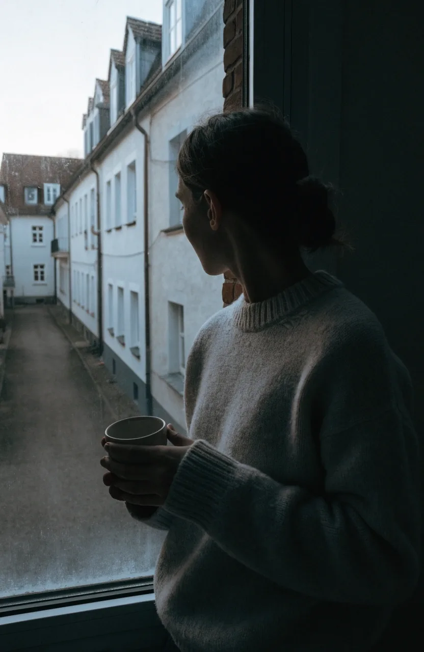 Fenster mit Morgenlicht und einer Tasse auf der Fensterbank in einem dunklen Arbeitszimmer
