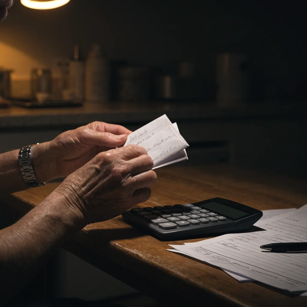 Hand mit Stift über einer Spalte von Zahlen auf liniertem Papier