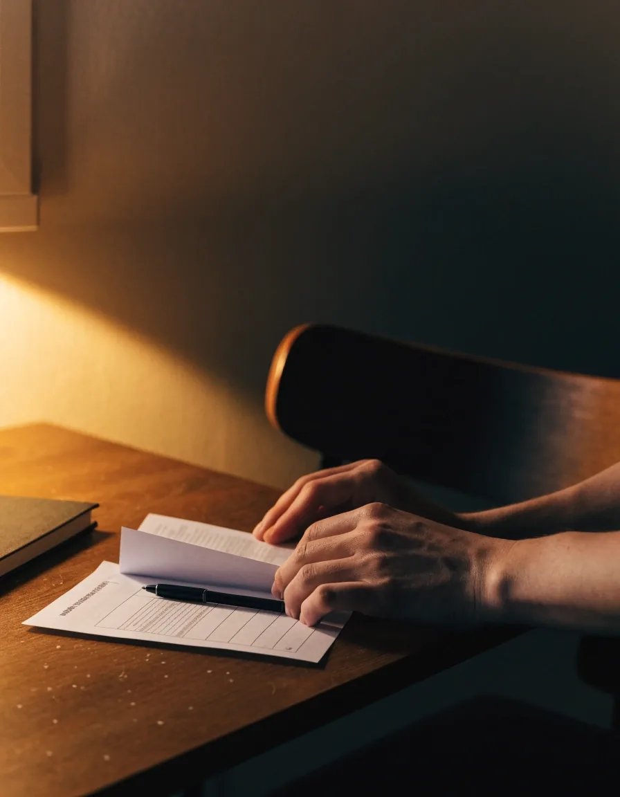 Lampebeleuchtete Ecke eines Schreibtischs mit umgedrehtem Blatt Papier und danebenliegendem Stift