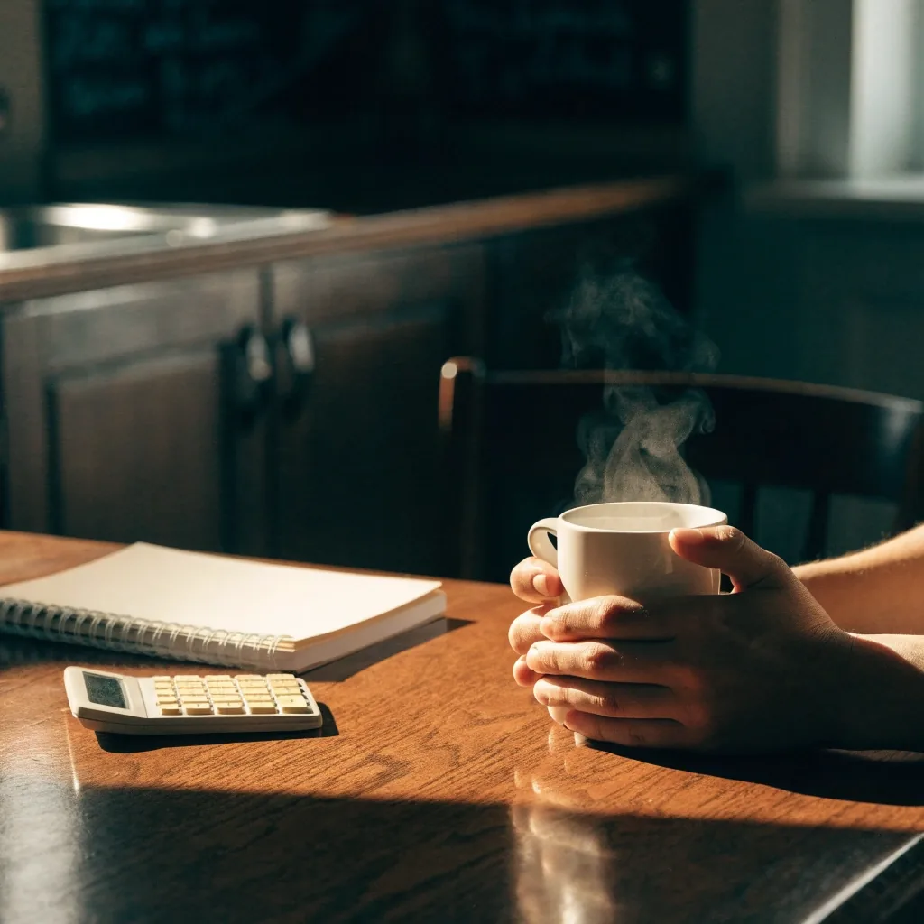 Leerer Holztisch im Morgenlicht mit geschlossenem Buch und einer Tasse