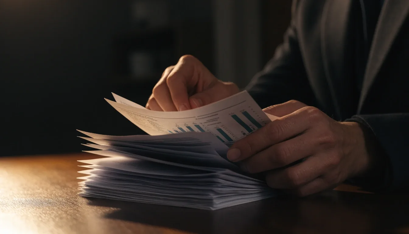 Hand blättert in einem gebundenen Buch mit linierten Zahlenspalten auf einem Holztisch