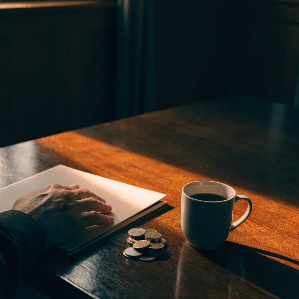 Studierfenster am Abend mit halb geschlossenen Jalousien, Notizbuch und Tasse auf der Fensterbank