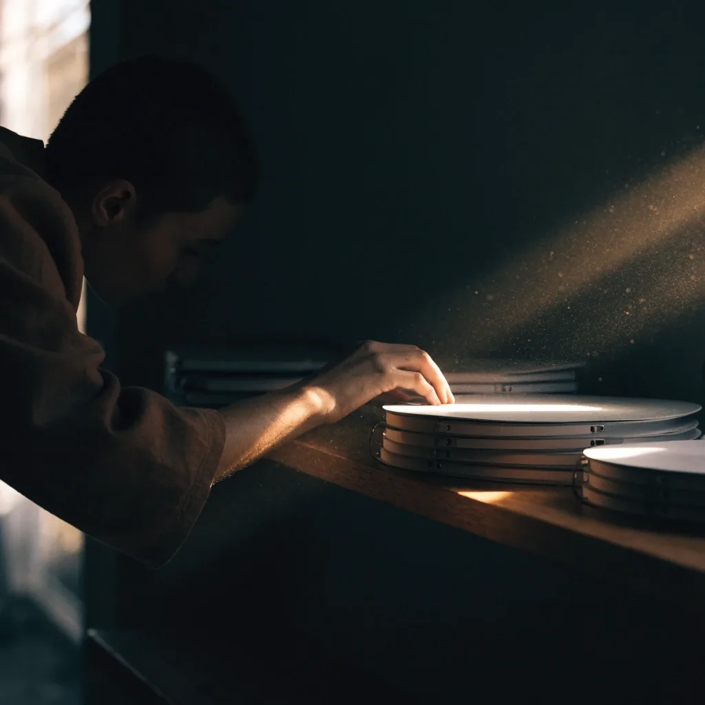 Aufgeschlagenes gebundenes Buch auf dem Holztisch, eine Hand blättert eine linierte Seite um