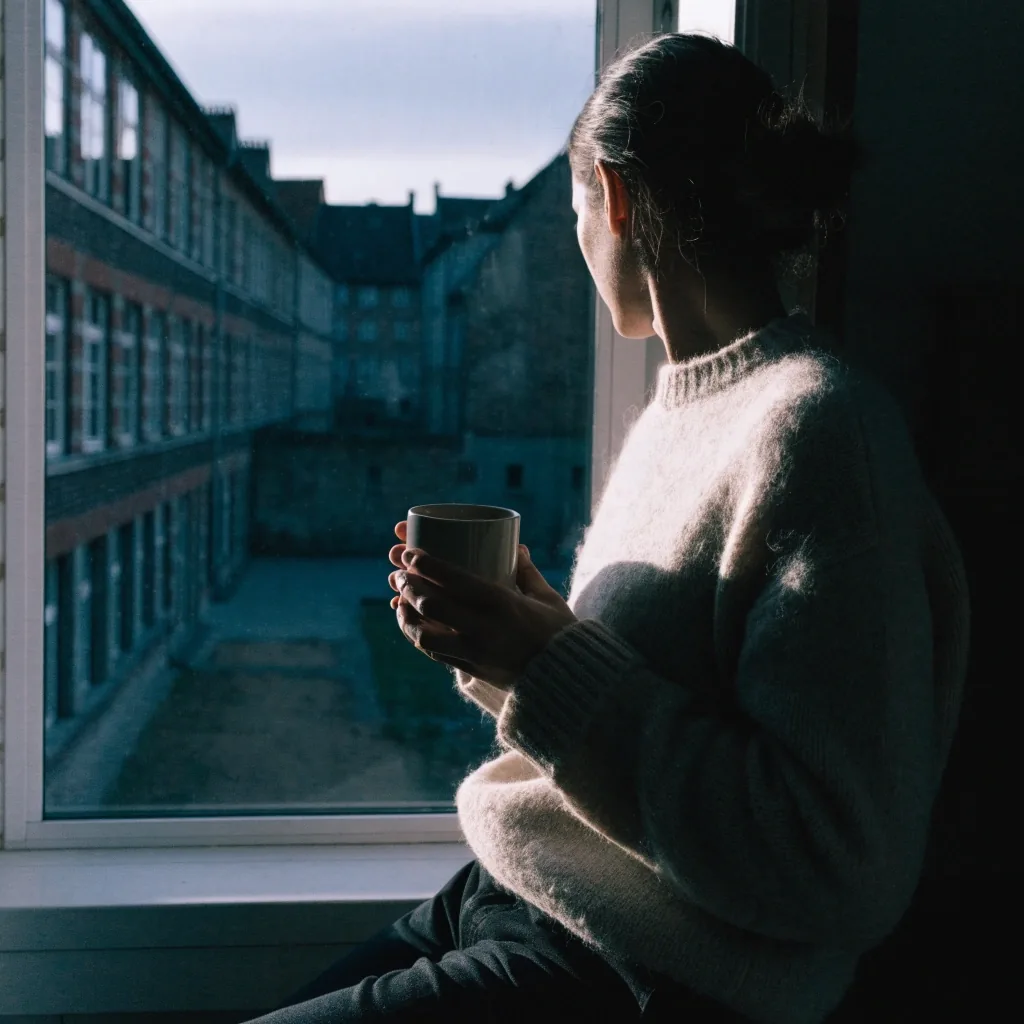 Fenster eines Arbeitszimmers im Morgengrauen mit dampfender Tasse auf der Fensterbank