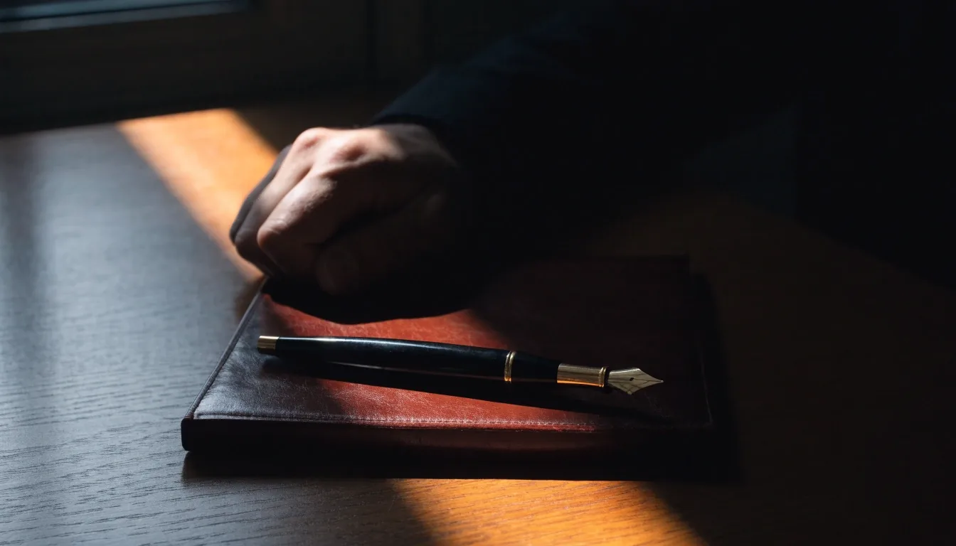 Hand mit Füller über einer Spalte linierter Papiervorlage im Morgenlicht