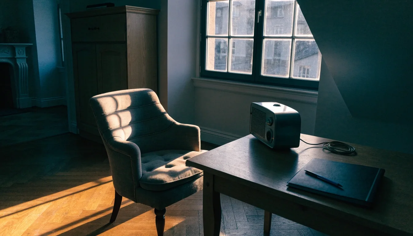 Leerer Stuhl an einem Holzschreibtisch mit Lampe und geschlossener Mappe
