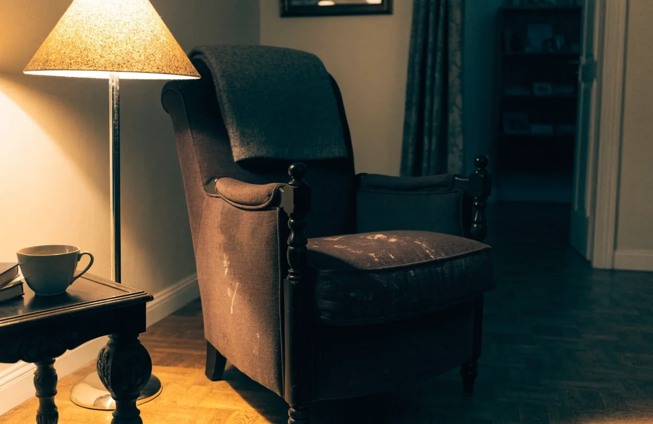 Leseecke mit Sessel, Beistelltisch und eingeschalteter Stehlampe