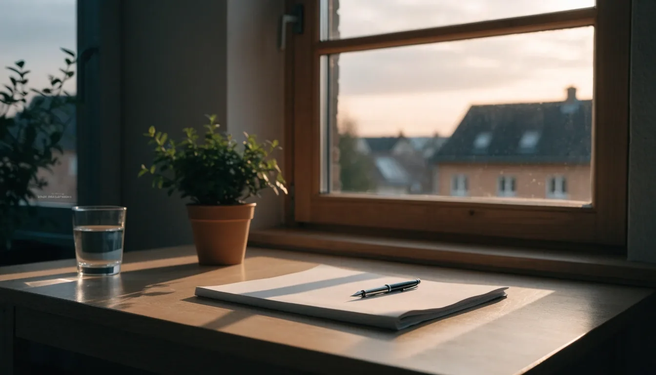 Schreibtisch am Morgen: ein gefaltetes Blatt Papier mit einem Füller daneben, warmes Seitenlicht