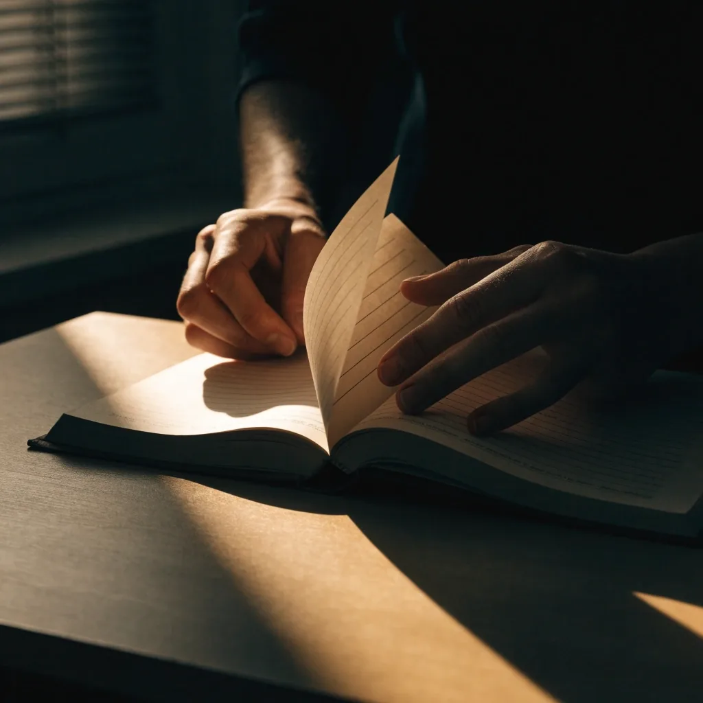 Hände blättern in einem gebundenen Kontobuch auf einem Holztisch bei warmem Morgenlicht