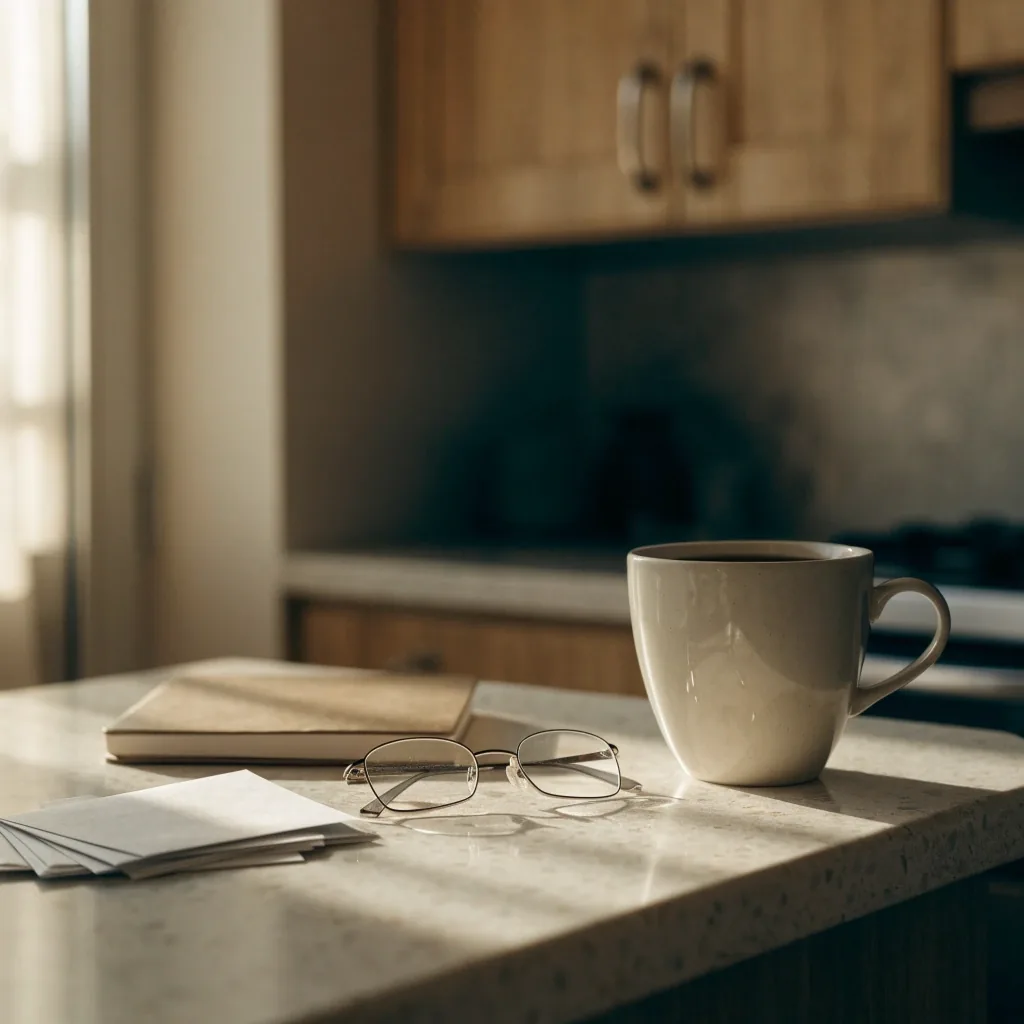 Leerer Stuhl an einem beleuchteten Schreibtisch am Morgen, dahinter ein Fenster und eine offene linierte Seite
